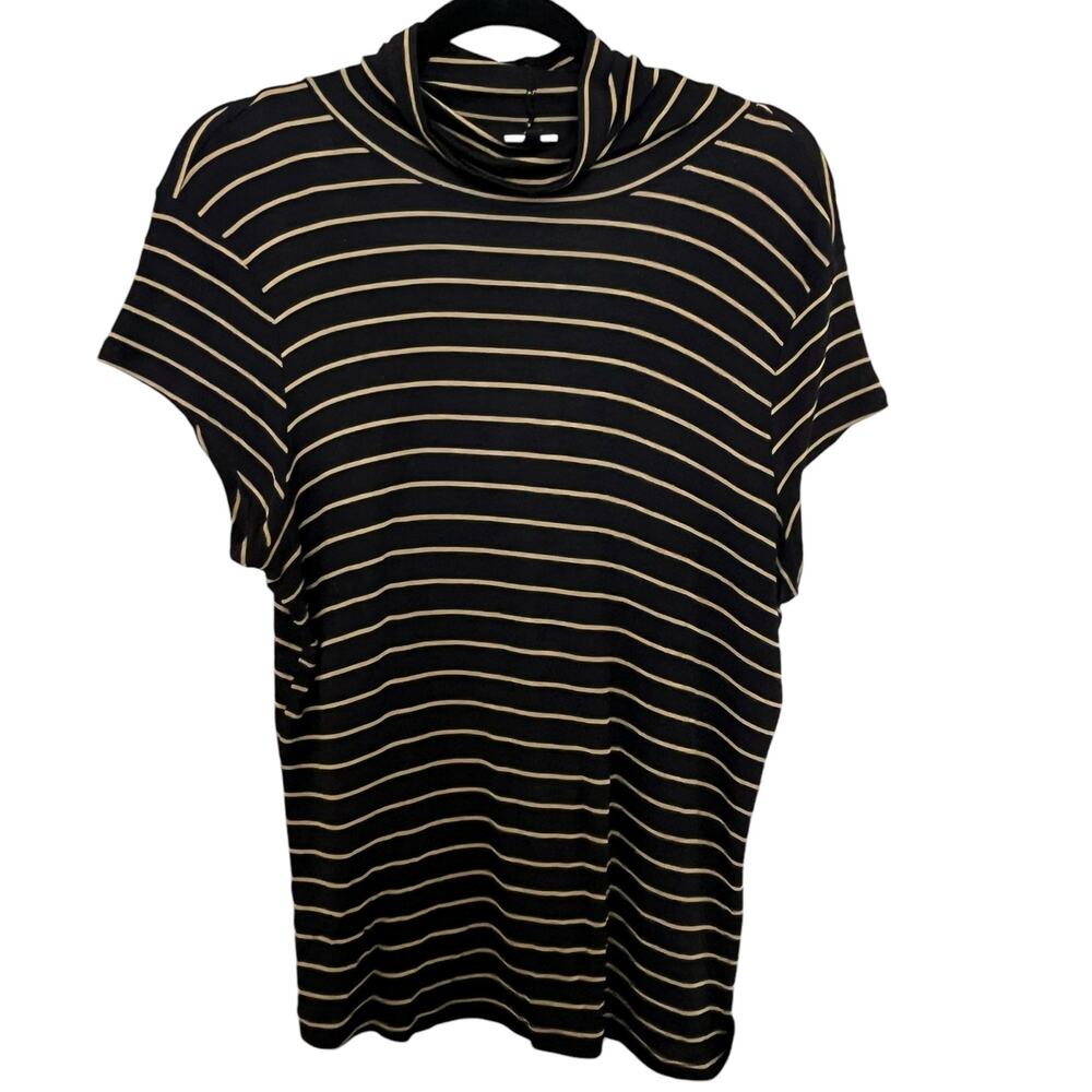 CAbi Slinky S|S Turtleneck Top | Tee Style Number 4202 Black With Gold Stripes